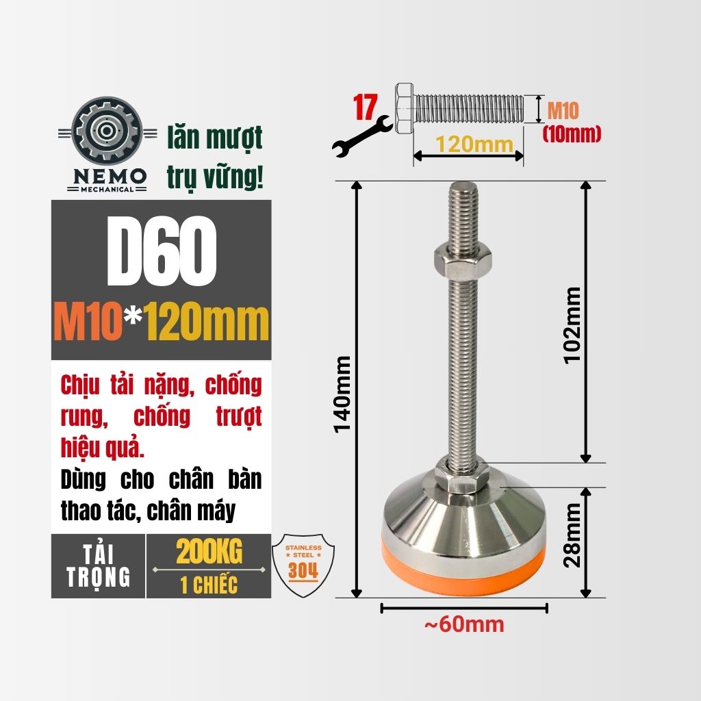 Chân Tăng Chỉnh Inox 304 Ren M10 – Chống Gỉ Tuyệt Đối, Đế Bát Dày Chịu Tải Nặng